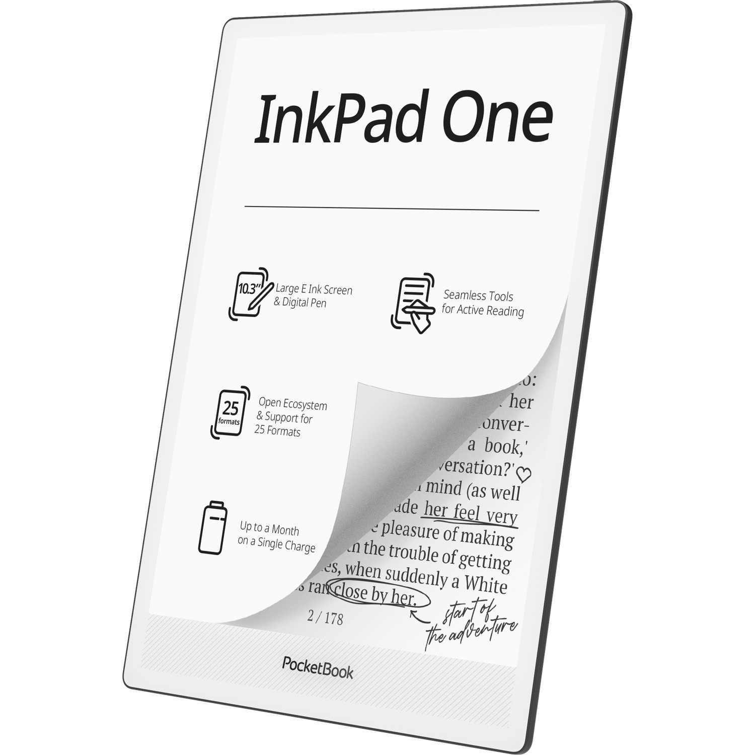Un e-reader PocketBook InkPad One avec écran de 10,3 pouces, stylet, longue autonomie et pages de livre.