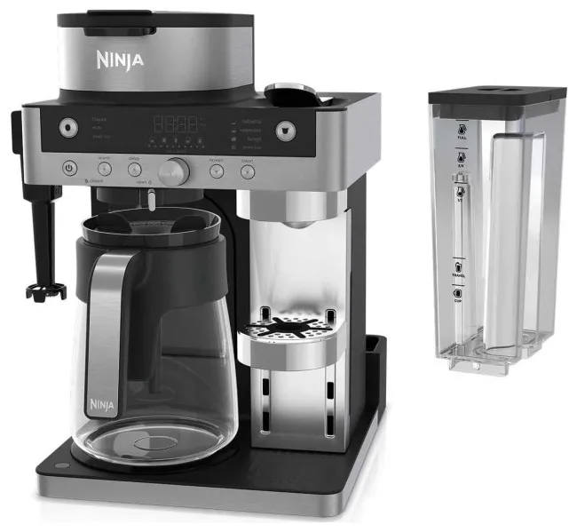 Ekspres do kawy Ninja ze szklanym dzbankiem i zdejmowanym zbiornikiem na wodę.