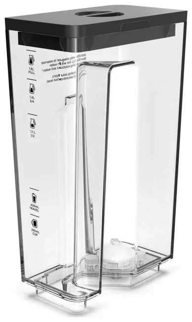 Przezroczysty zbiornik na wodę z czarną pokrywą, z oznaczeniami poziomu płynu.