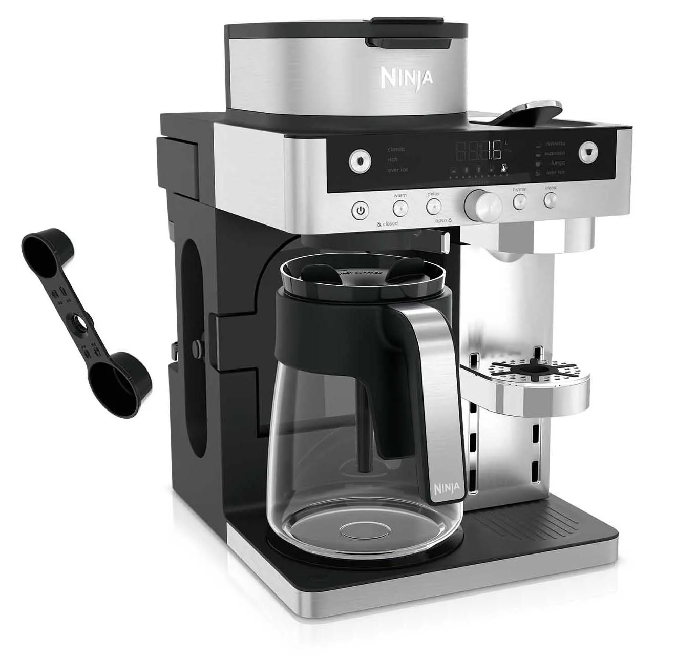 Ekspres do kawy Ninja ze szklanym dzbankiem i miarką, srebrno-czarny.