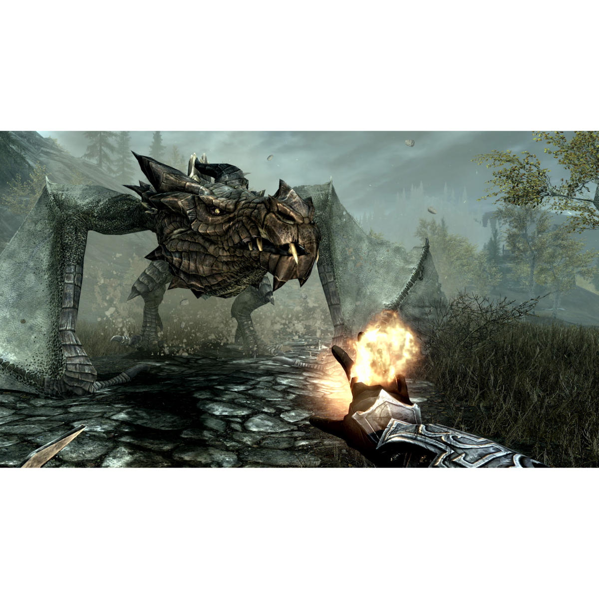 Ein Spieler beschwört Magie gegen einen Drachen in einer nebligen Landschaft.