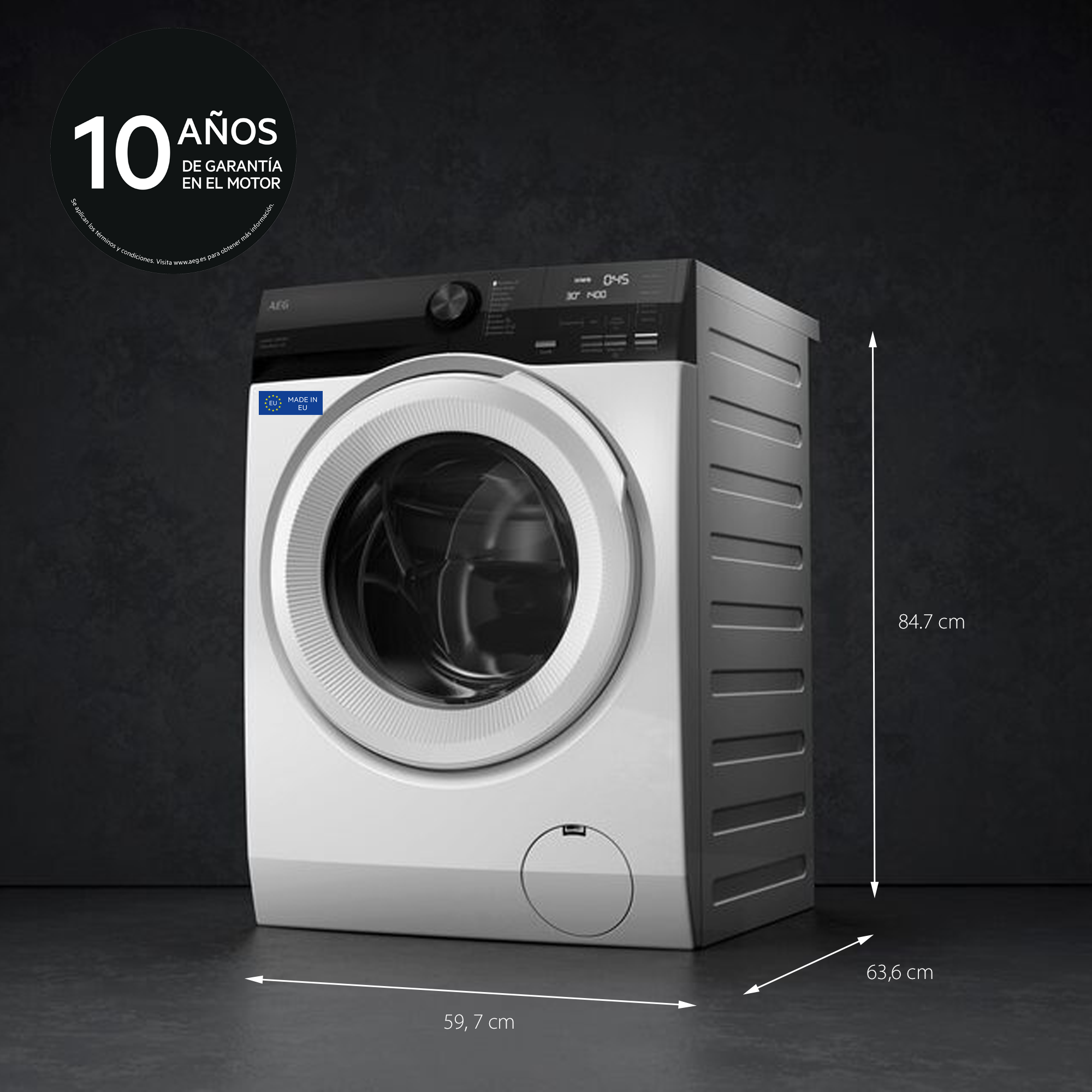 Lavadora blanca con panel de control negro, garantía de 10 años.
