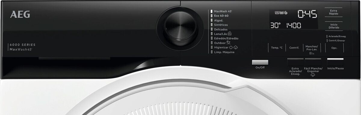 Panel de control de lavadora AEG con selección de programas, temperatura, velocidad de centrifugado y pantalla.