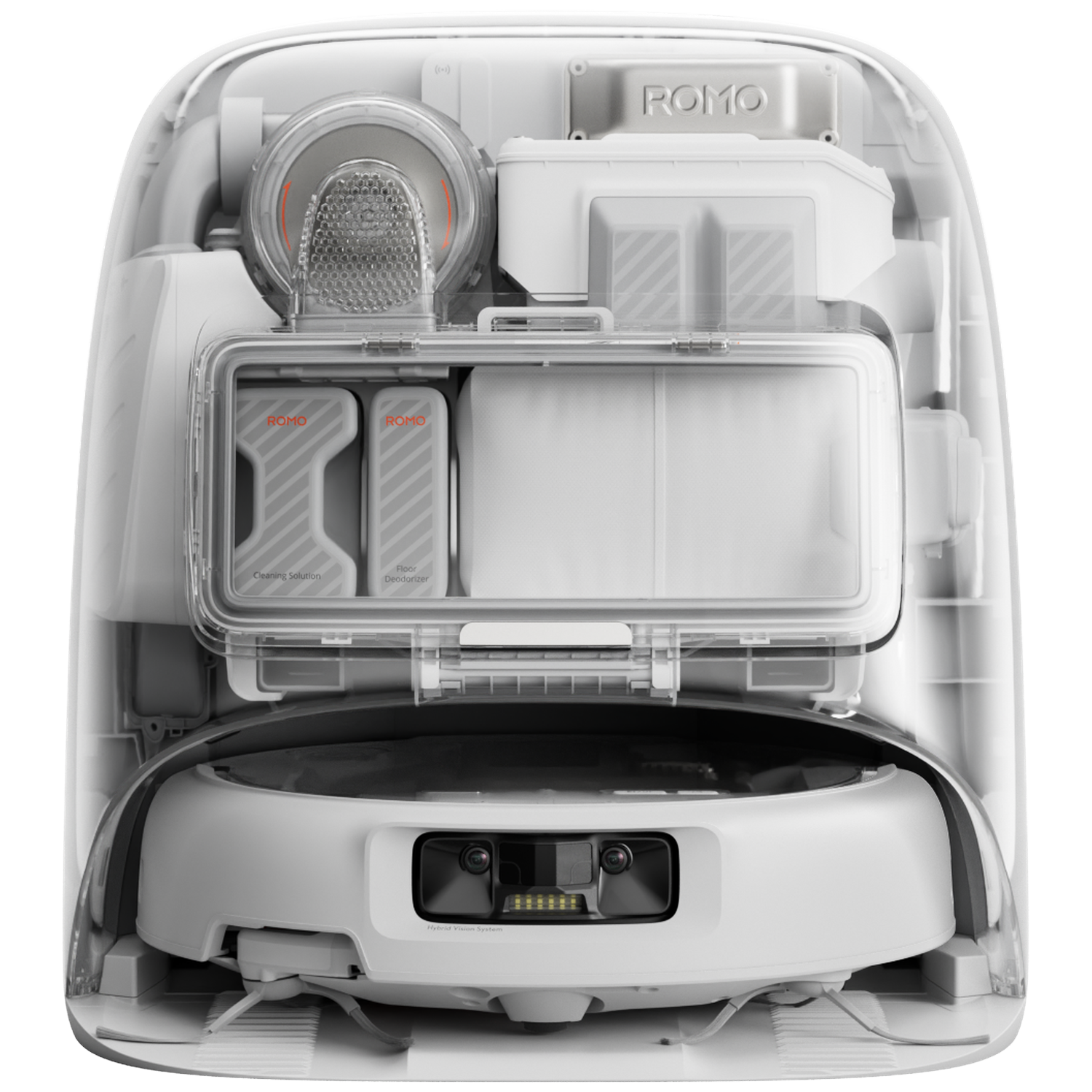 Cutaway view of a white robot vacuum showing internal components: brushes, sensors, and containers.