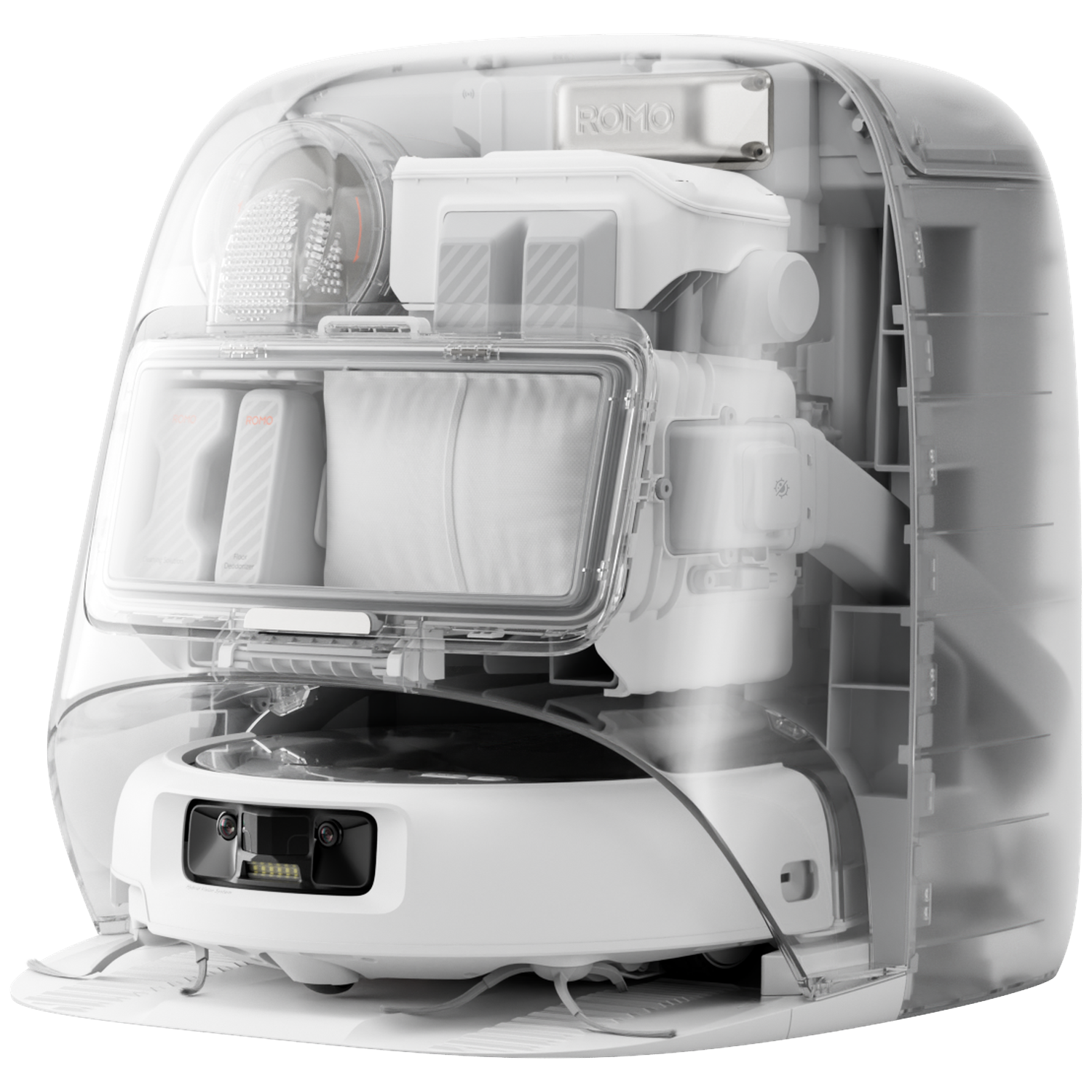 Cutaway view of a white robot vacuum with a transparent casing.