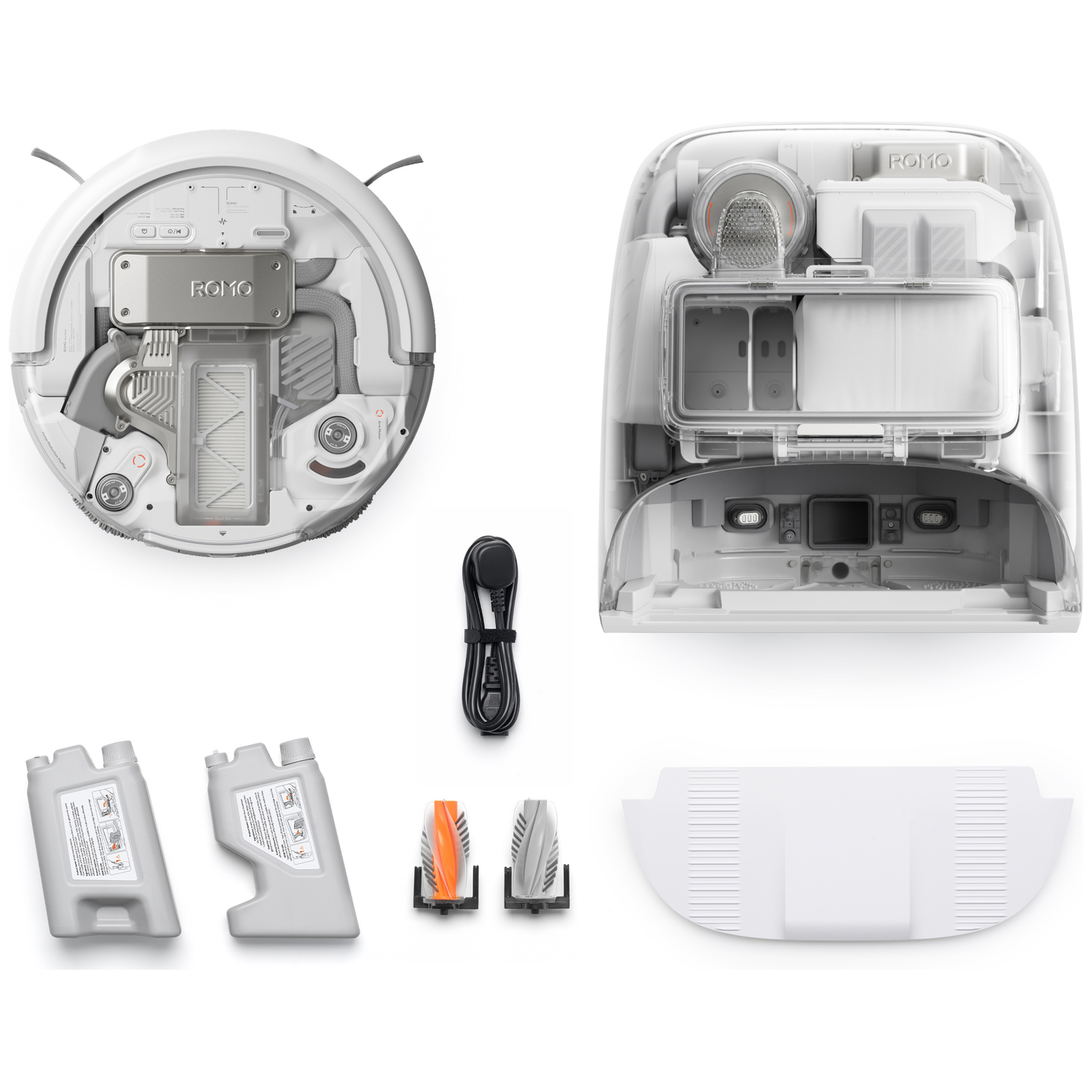Robot vacuum parts: underside, dustbin, cable, brushes, and charging base.