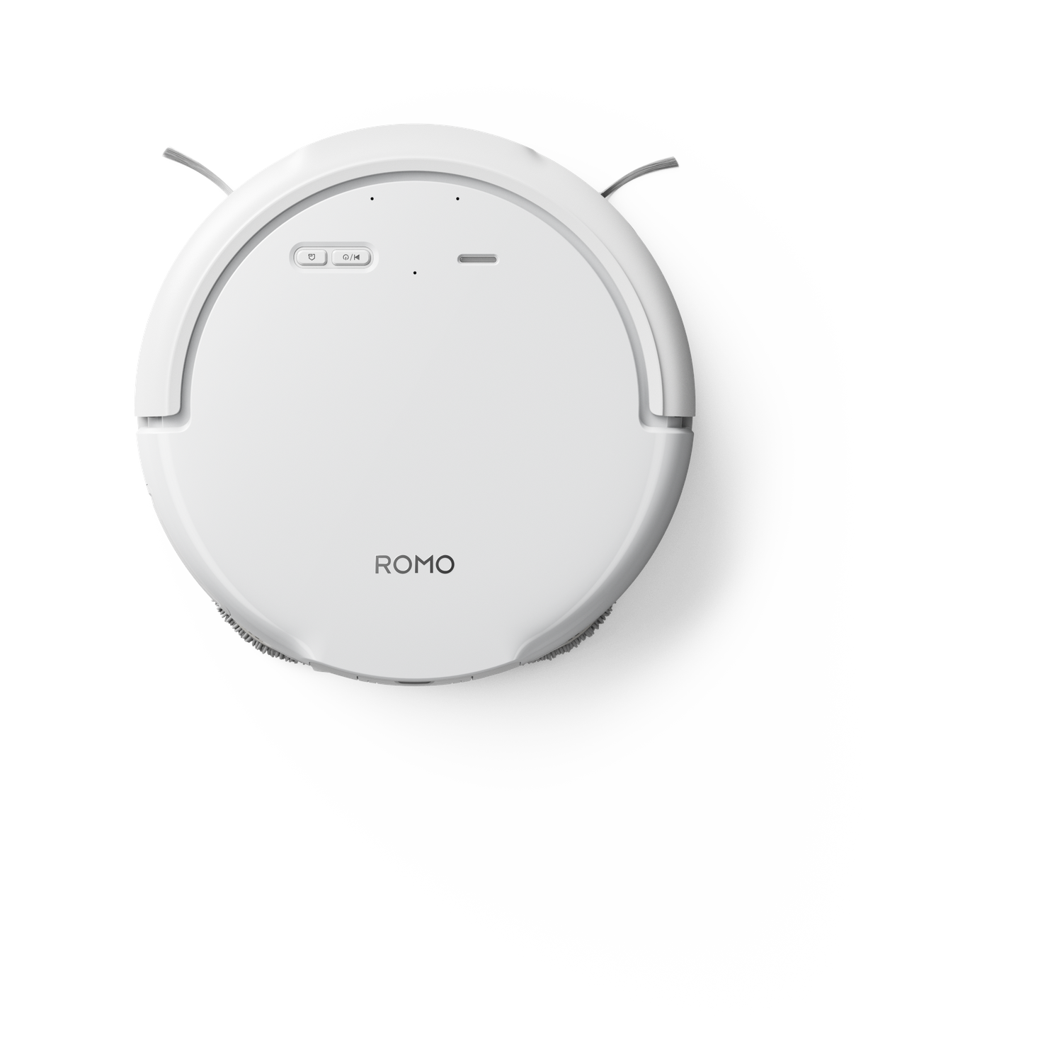 Witte robotstofzuiger met "ROMO" logo en knoppen.