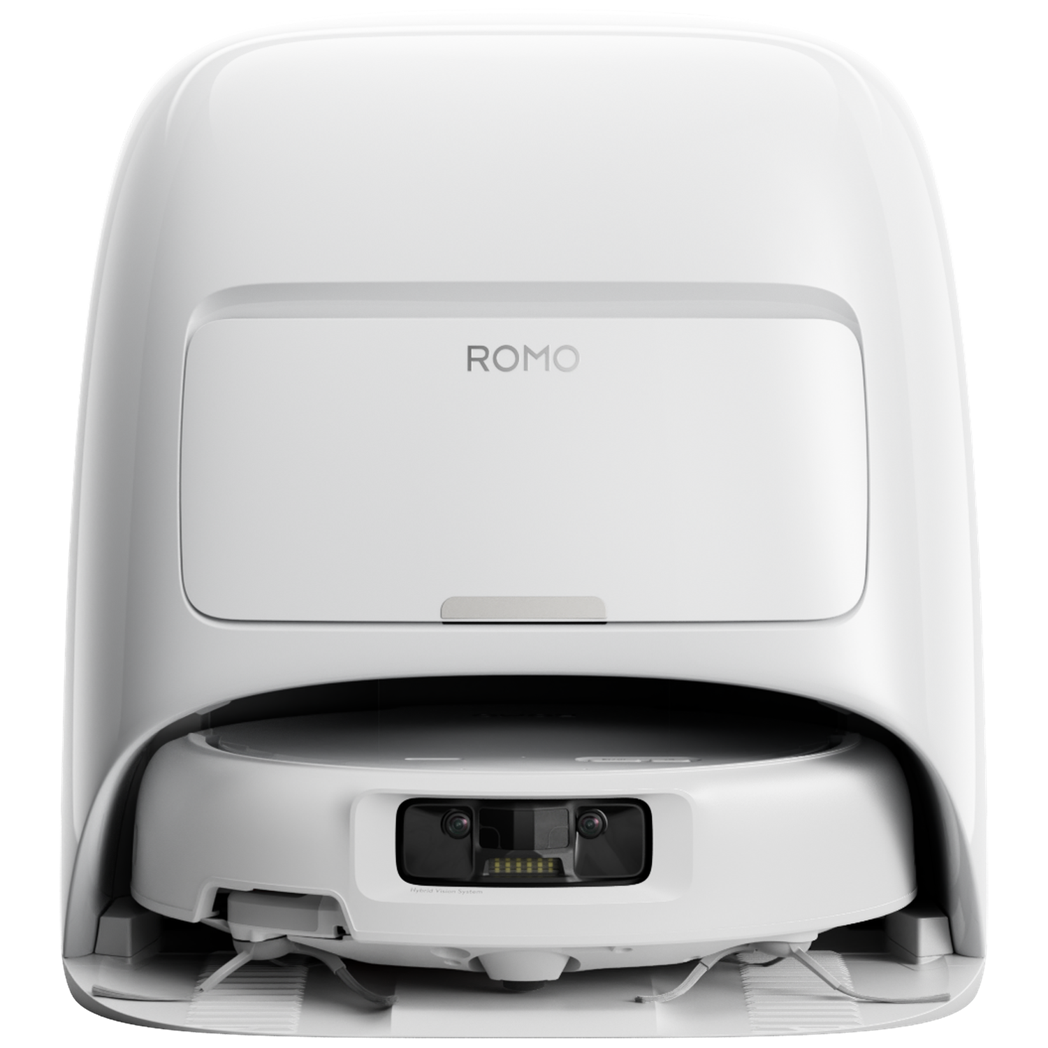 Een witte robotstofzuiger van het merk ROMO wordt getoond.