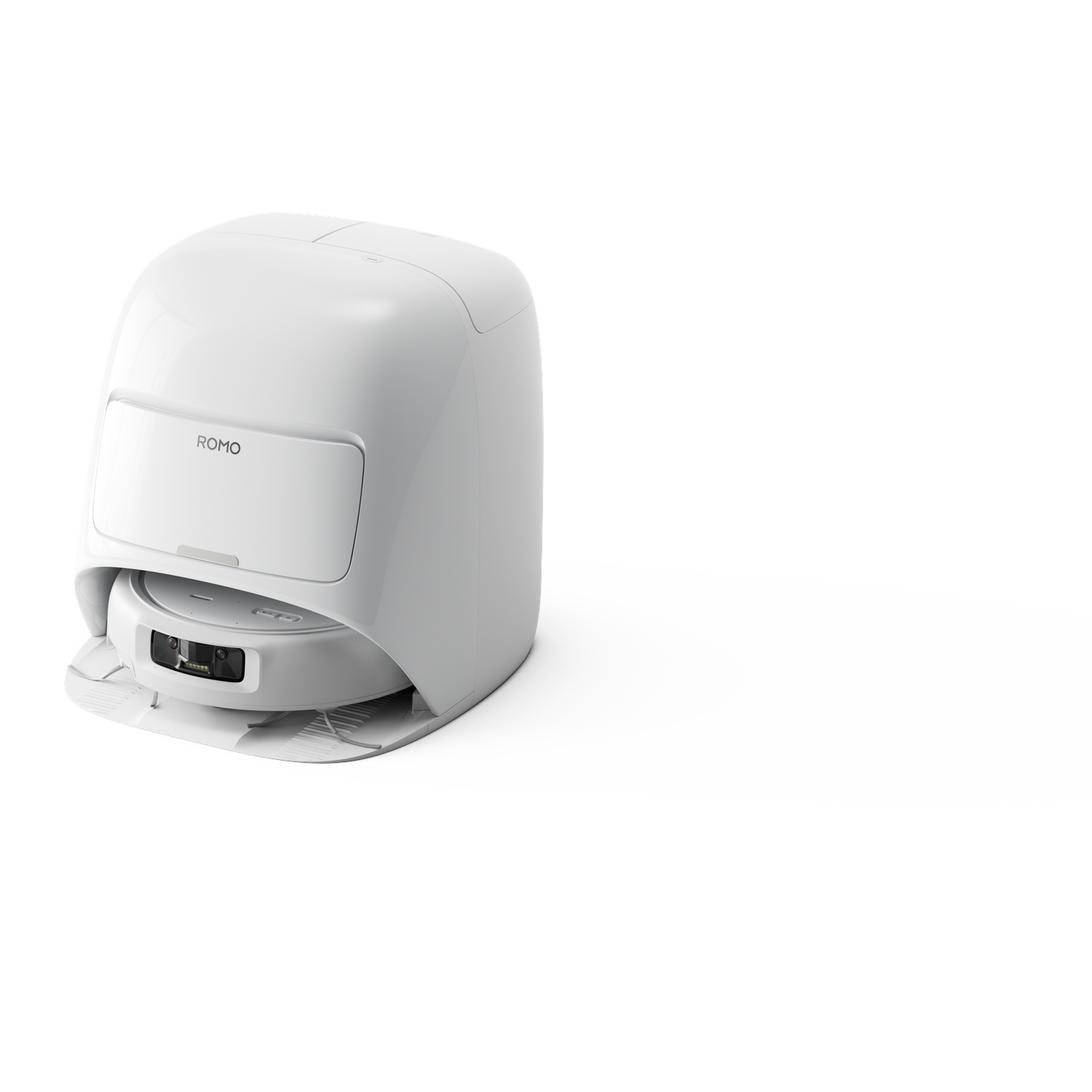 Een witte robotstofzuiger met het label ROMO staat op een laadstation.