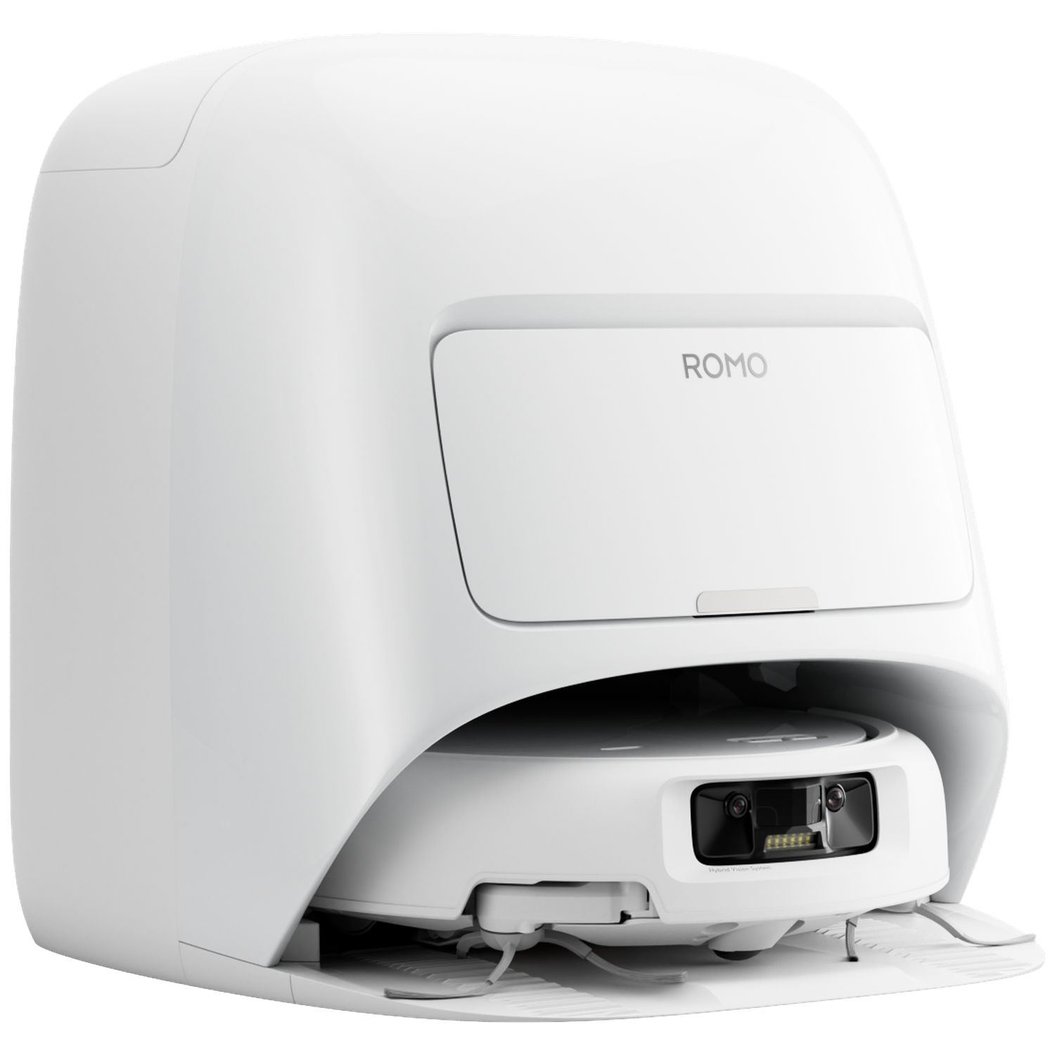 Een witte robotstofzuiger met oplaadstation.