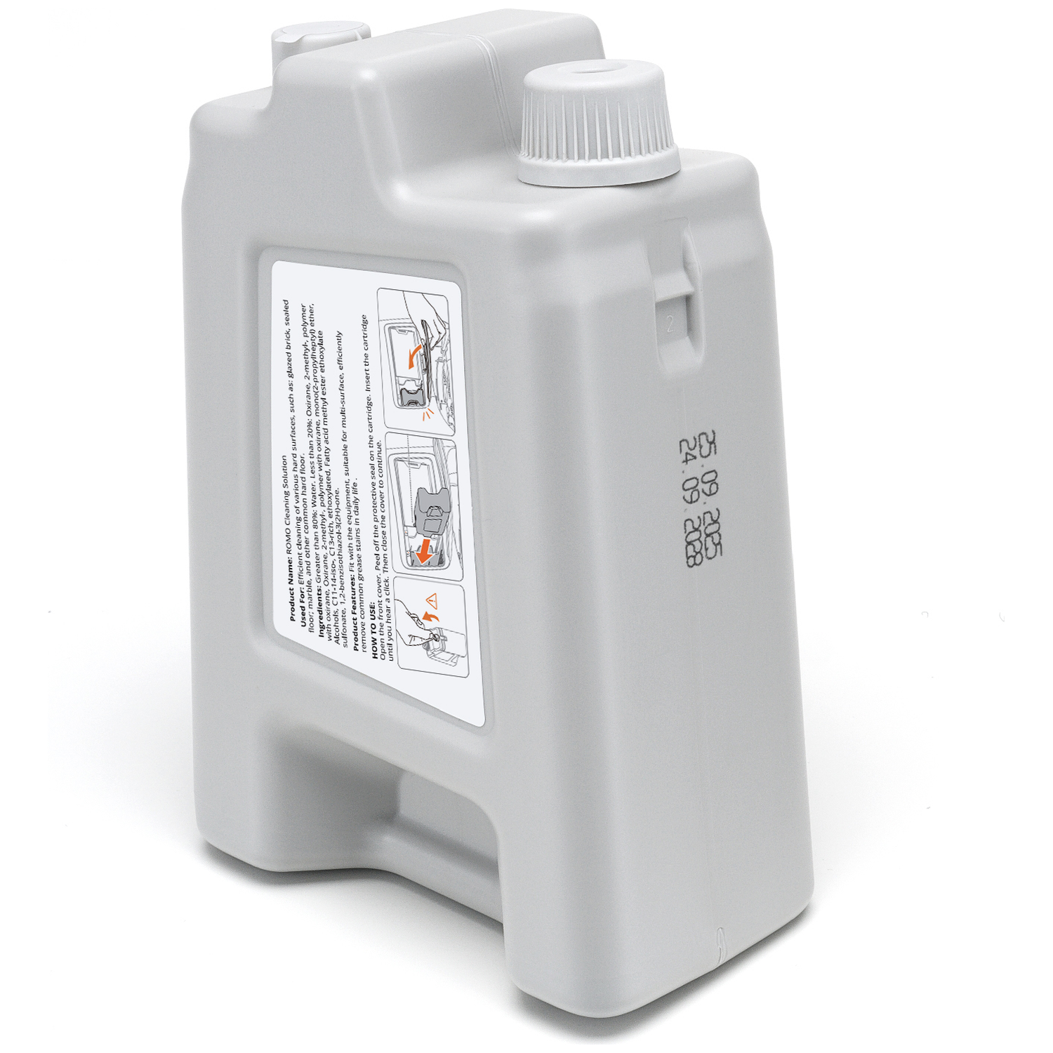 Gray cleaning solution bottle with label and cap on a white background.