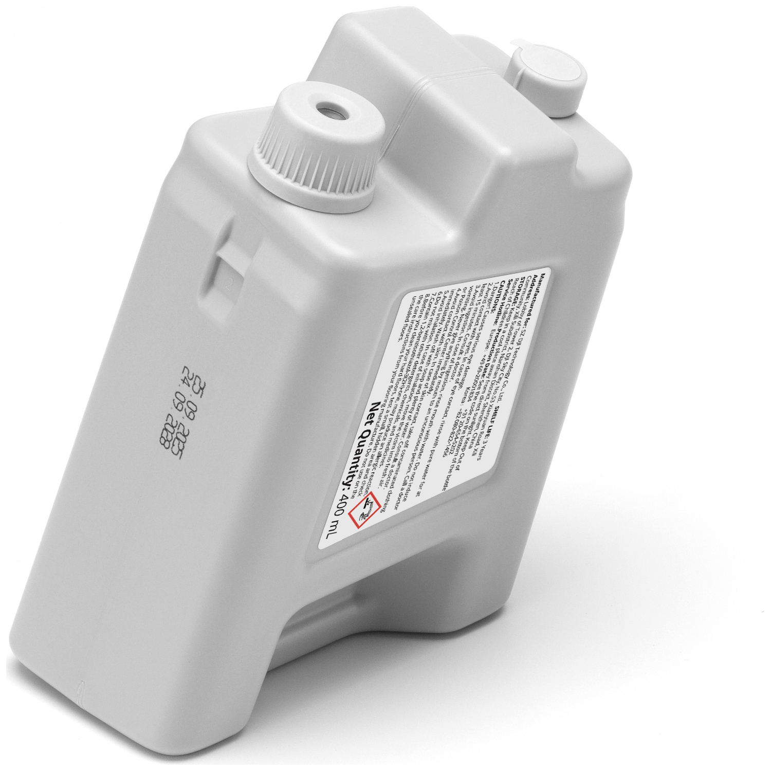 Gray container with white caps. Contains 400 mL of liquid.