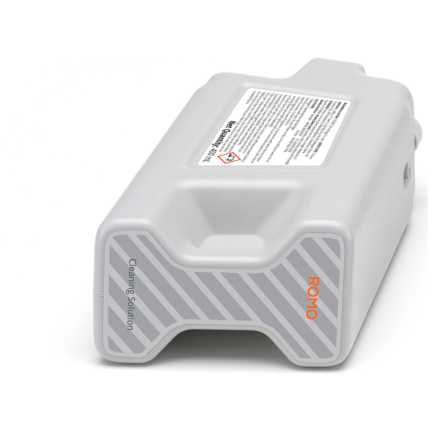 Gray cleaning solution container with orange ROMO logo and gray stripes.