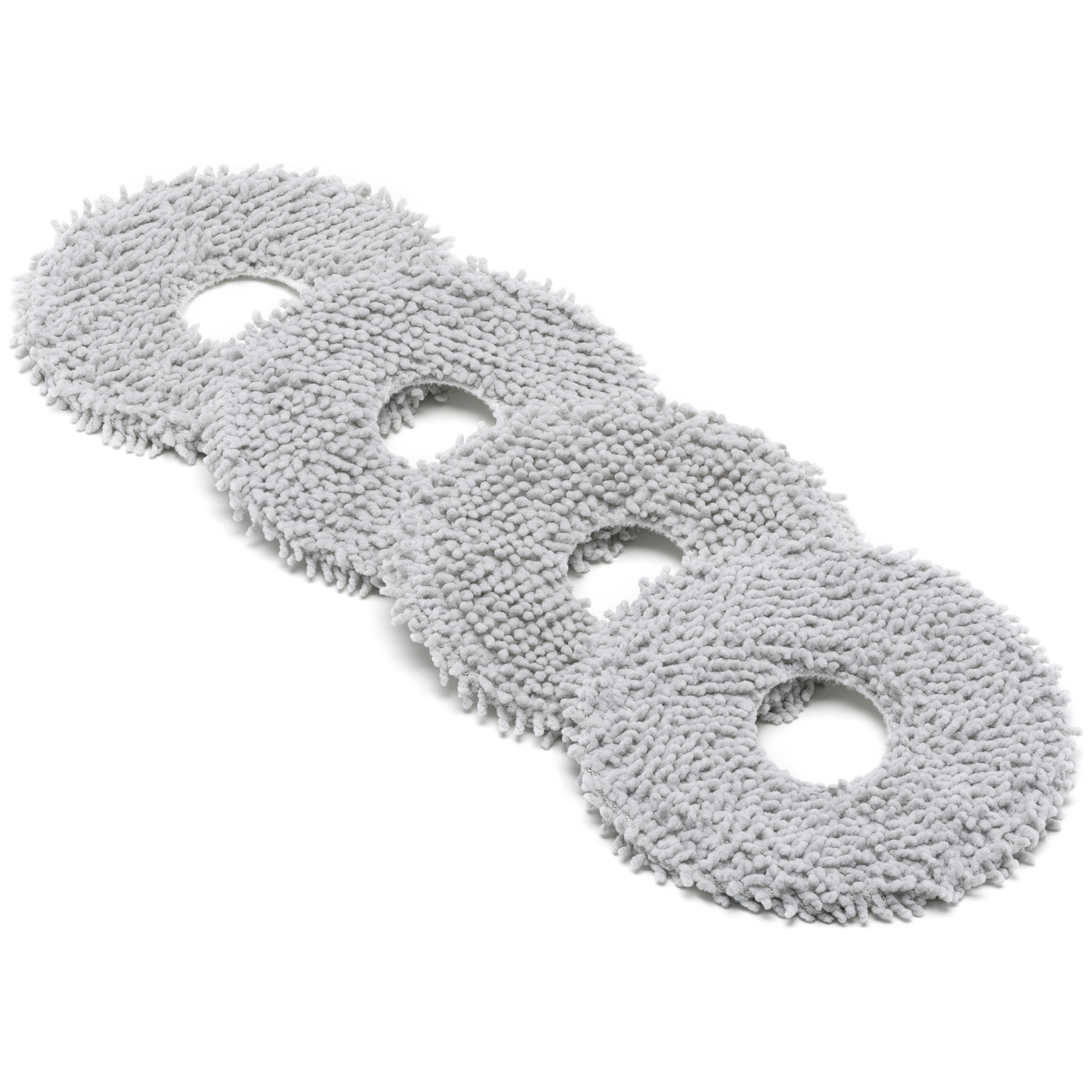 Drie ronde, grijze microvezel dweilpads met een gat in het midden zijn op een rij geplaatst.