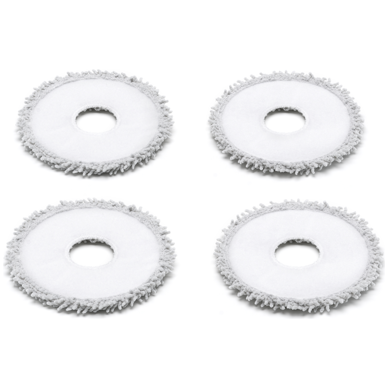 Vier ronde witte dweilpads met grijze franjes op witte achtergrond.