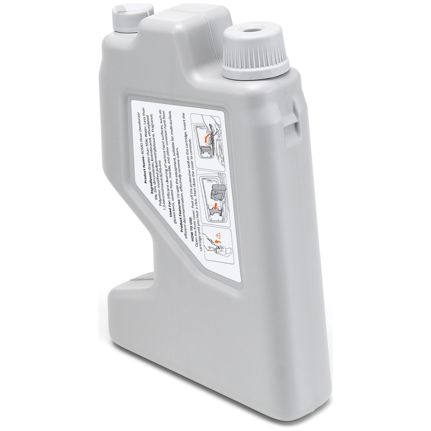 Gray bottle with label for floor deodorizer, showing usage instructions.