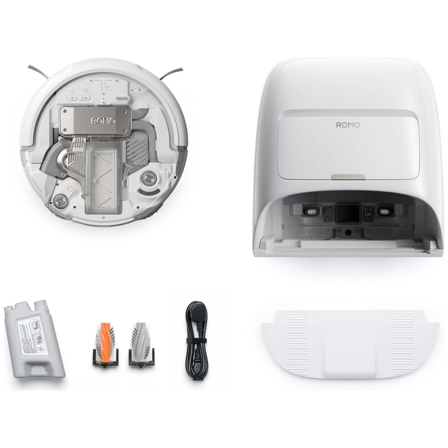 Onderdelen robotstofzuiger: bovenaanzicht, oplaadstation, fles, borstels en snoer.