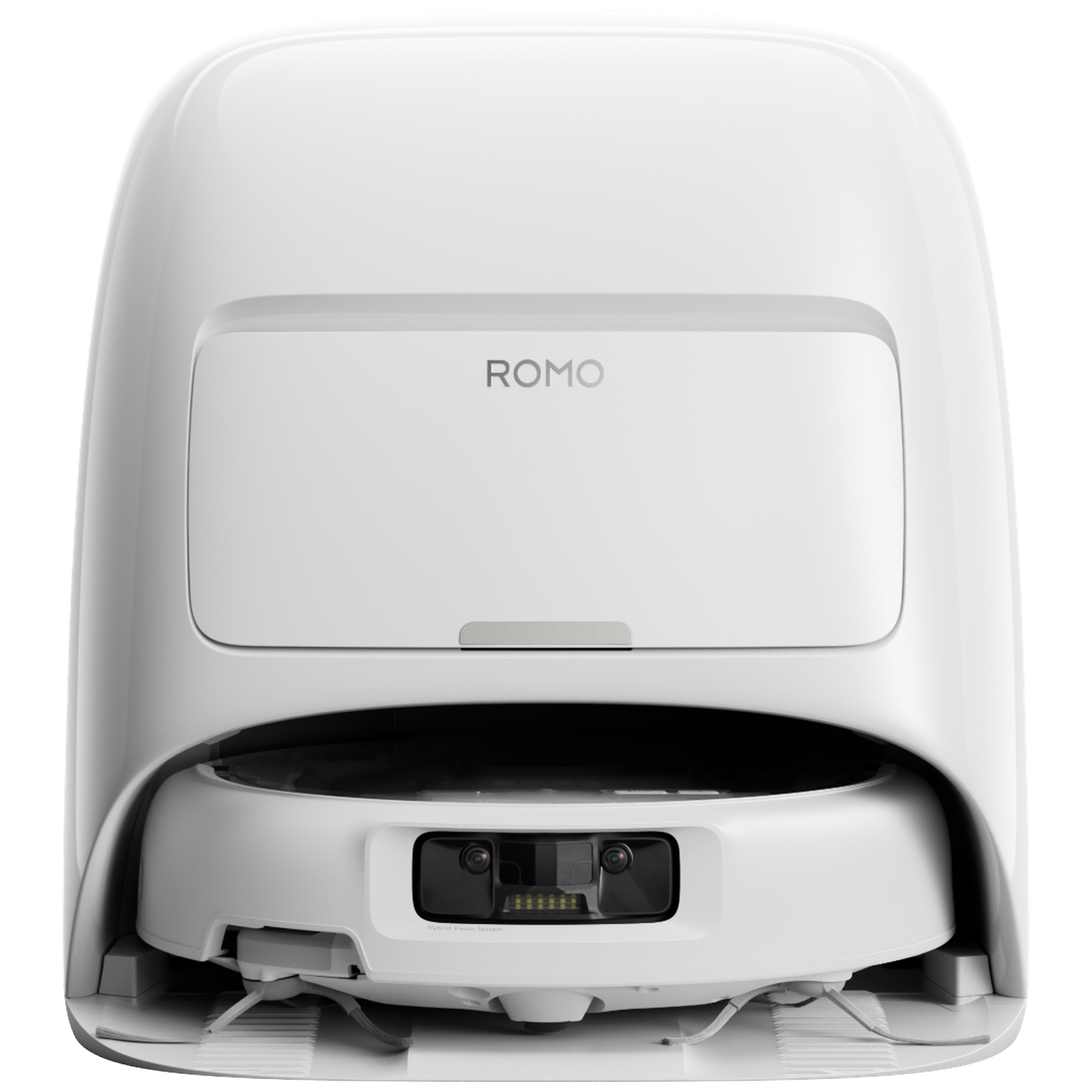 Een witte robotstofzuiger met "ROMO" logo en camera.