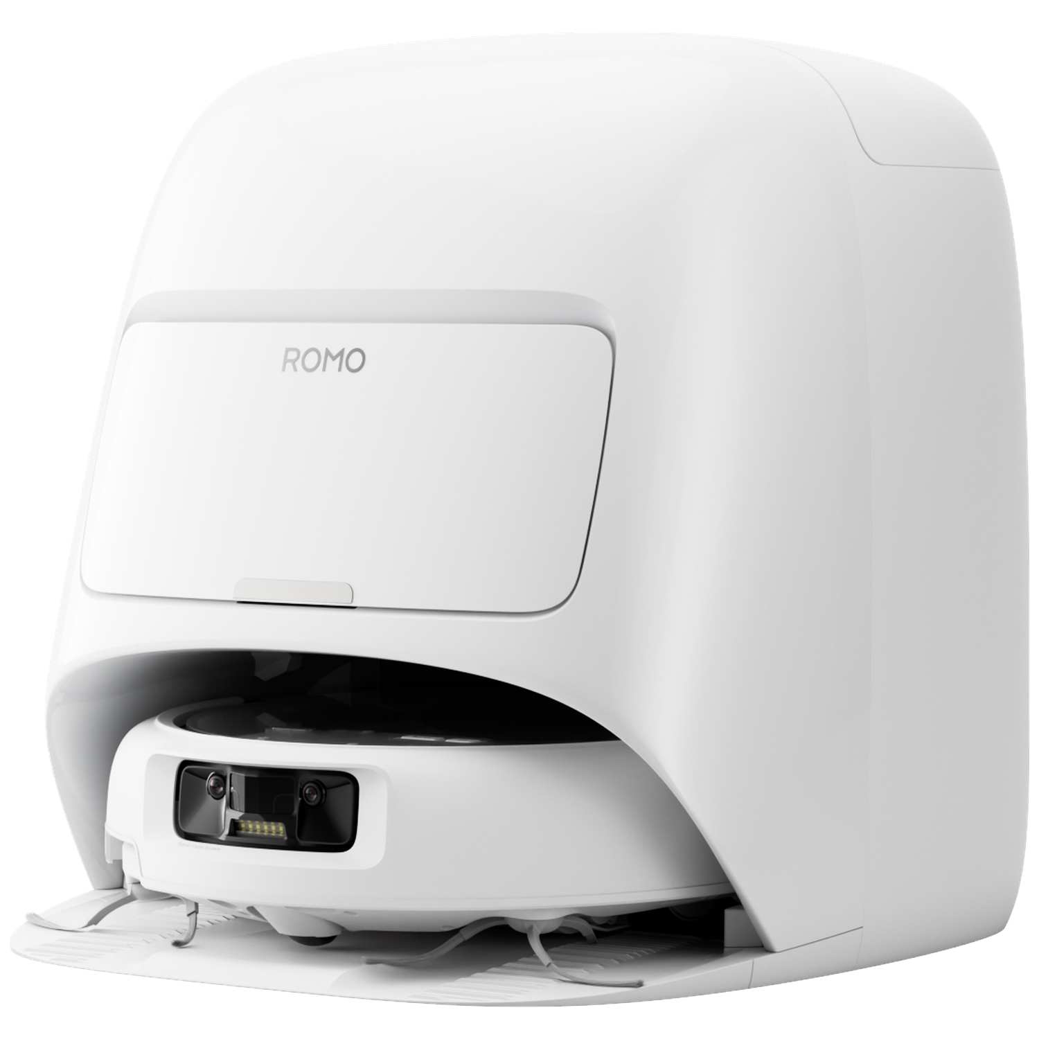Een witte robotstofzuiger met camera aan de voorkant en sensoren staat op een laadstation.