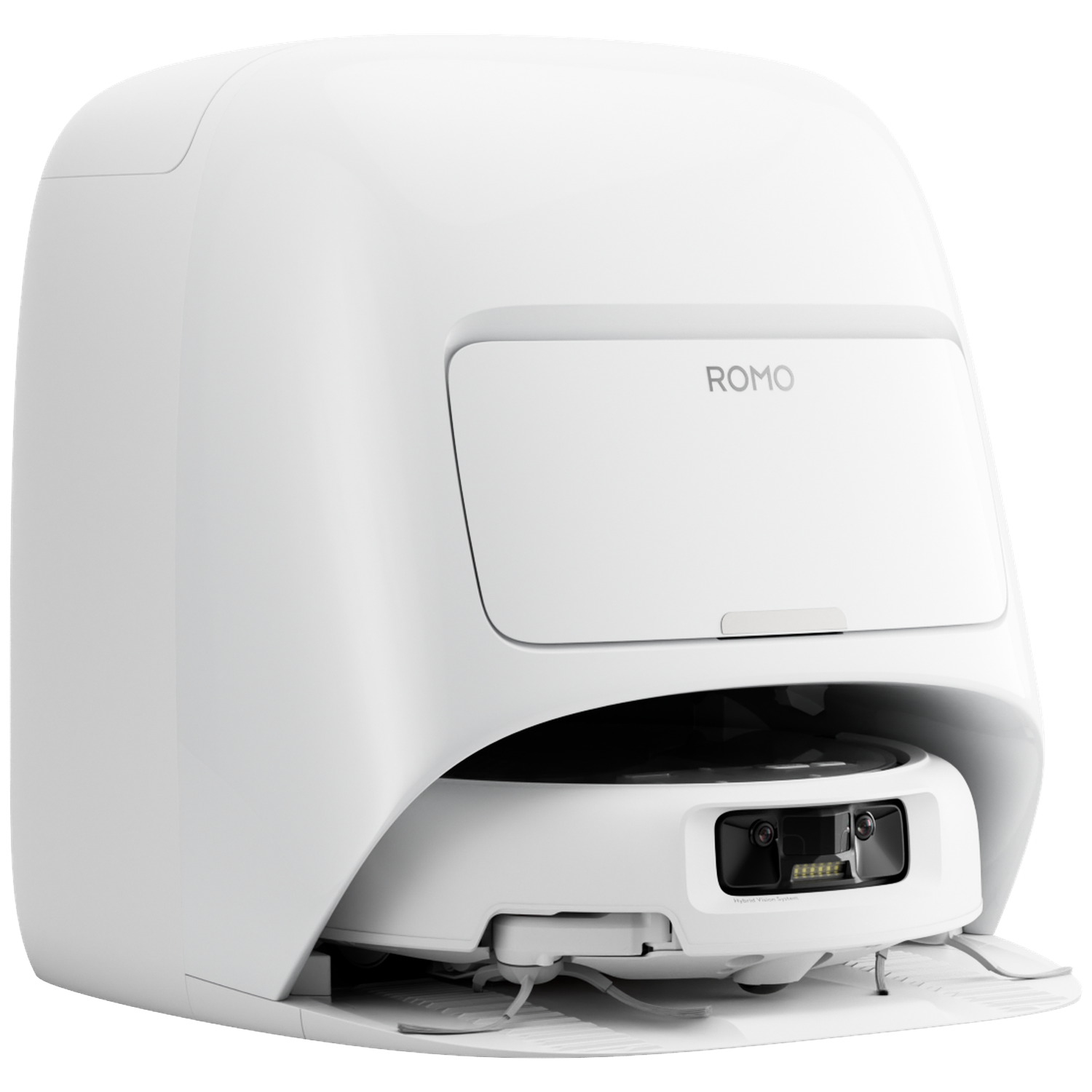 Een witte robotstofzuiger met laadstation en hybride vision systeem.