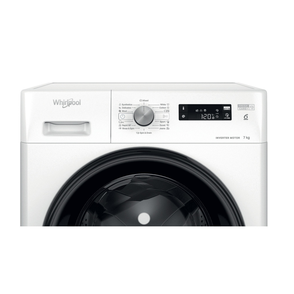Fehér Whirlpool mosógép digitális kijelzővel és programválasztó tárcsával.