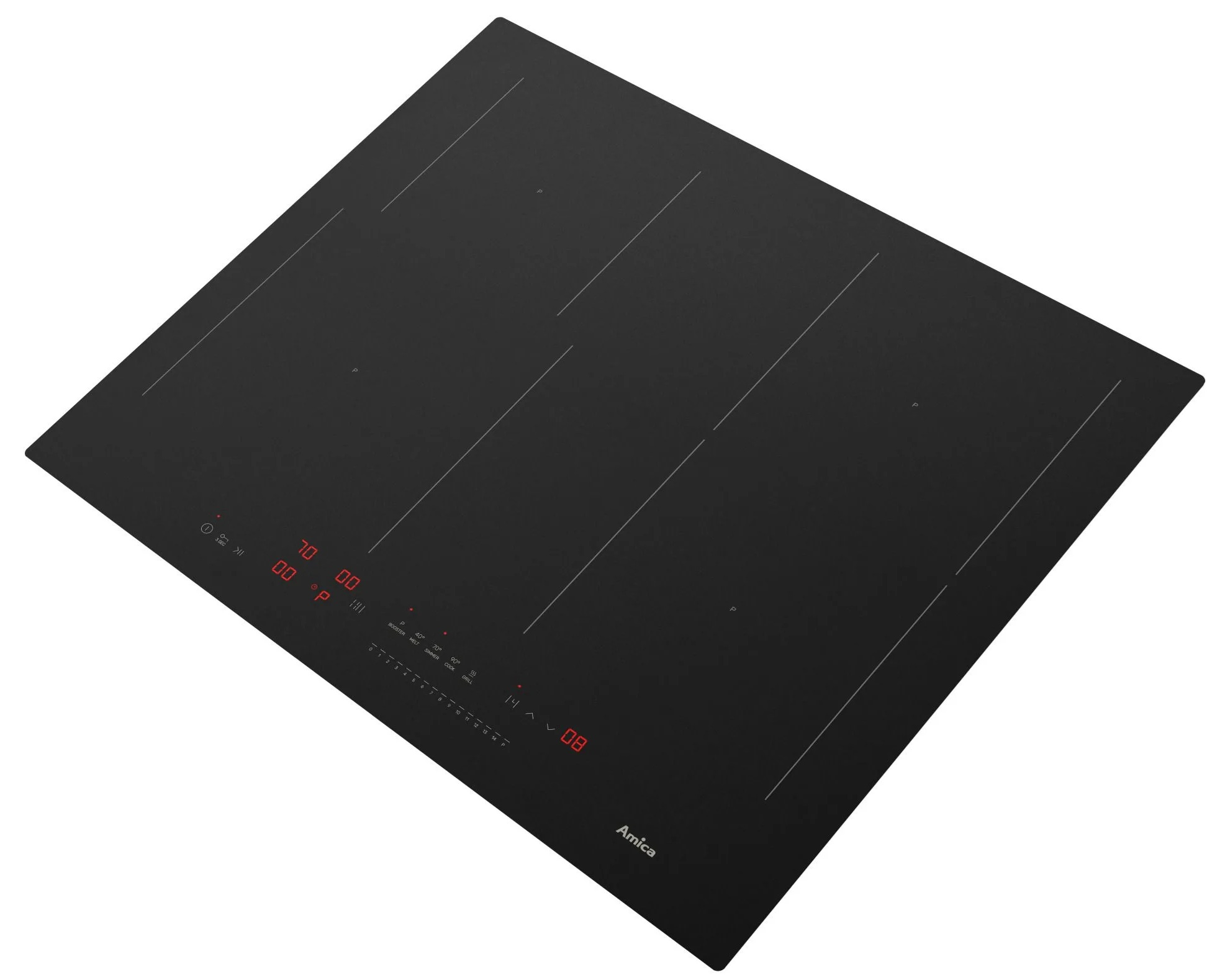 Czarna płyta indukcyjna z panelami dotykowymi i czerwonymi wyświetlaczami.