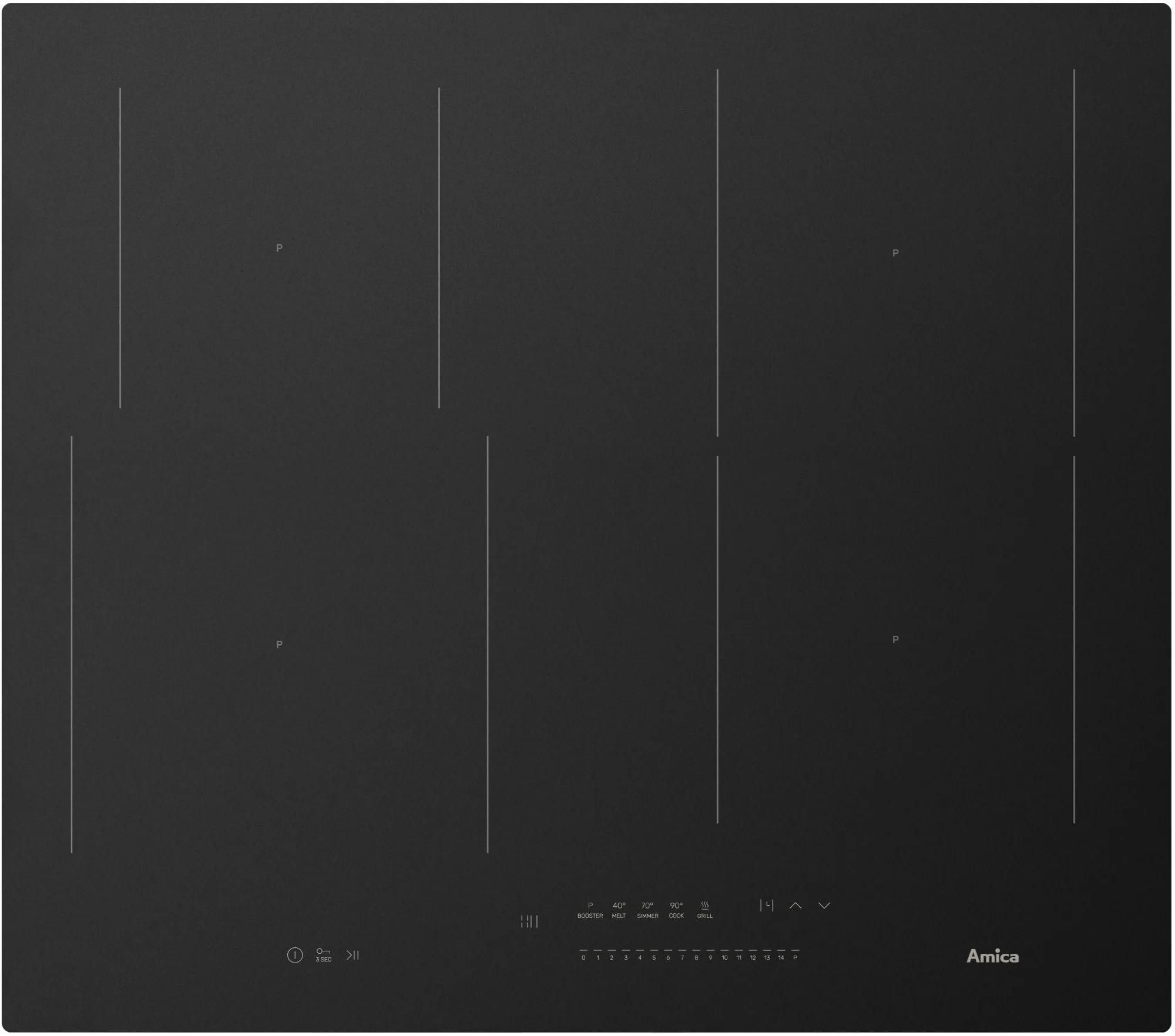 Czarna płyta indukcyjna z czterema strefami gotowania i cyfrowym sterowaniem.