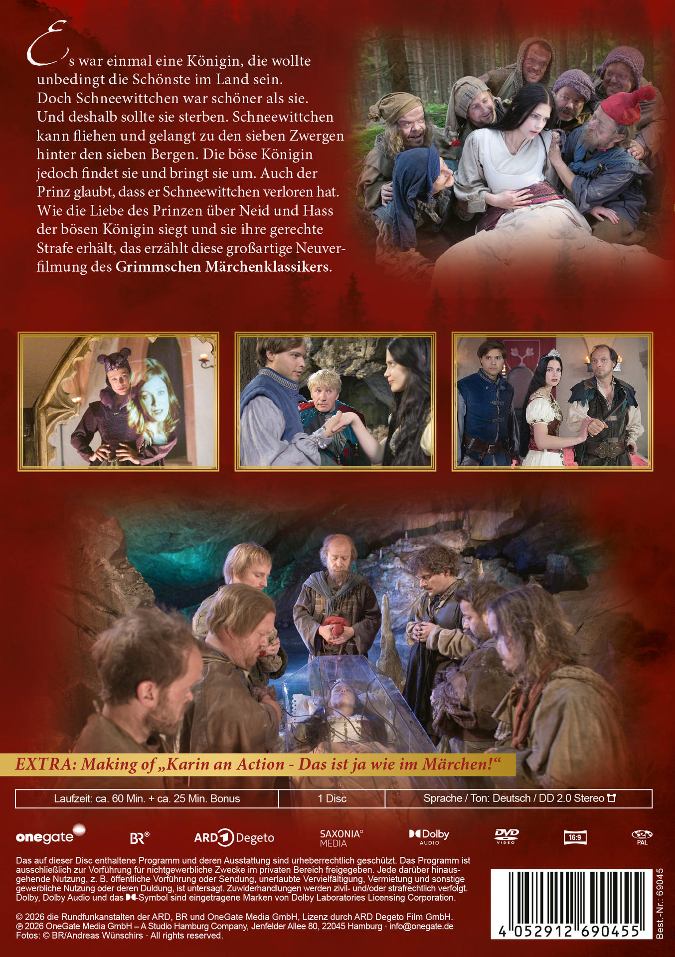Schneewittchen mit sieben Zwergen, Prinz und böser Königin. DVD Cover.