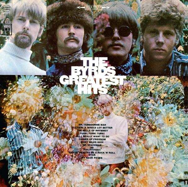 Die Byrds: Greatest Hits Albumcover mit Bandporträts und Blumen.
