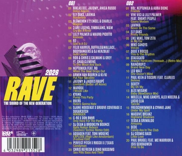 Cover von Rave 2026 CD 1 & CD 2 mit Tracklisten und Barcode.