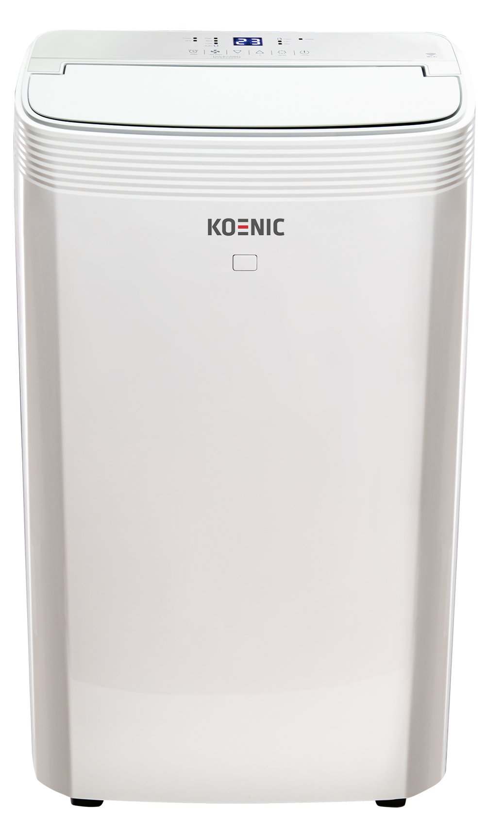 Biała wieża przenośnej klimatyzacji z cyfrowym wyświetlaczem i logo KOENIC.