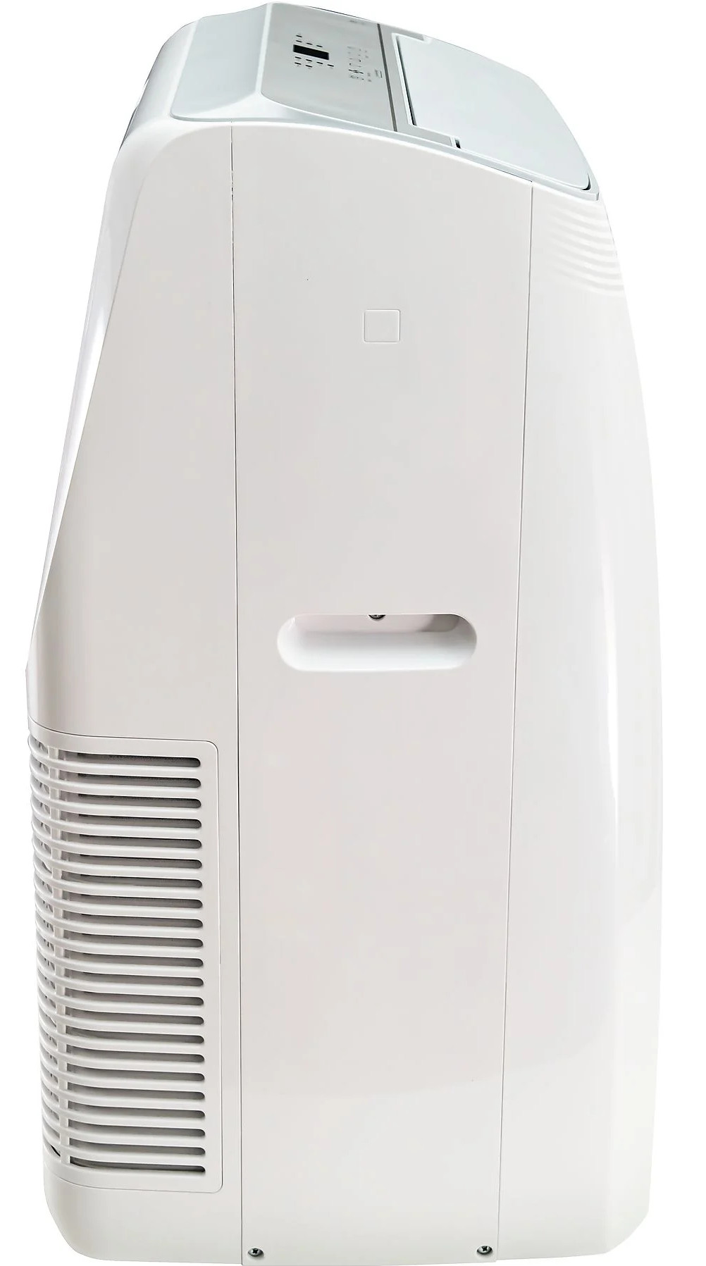 Biała przenośna jednostka klimatyzacyjna z otworami wentylacyjnymi i panelem sterowania.