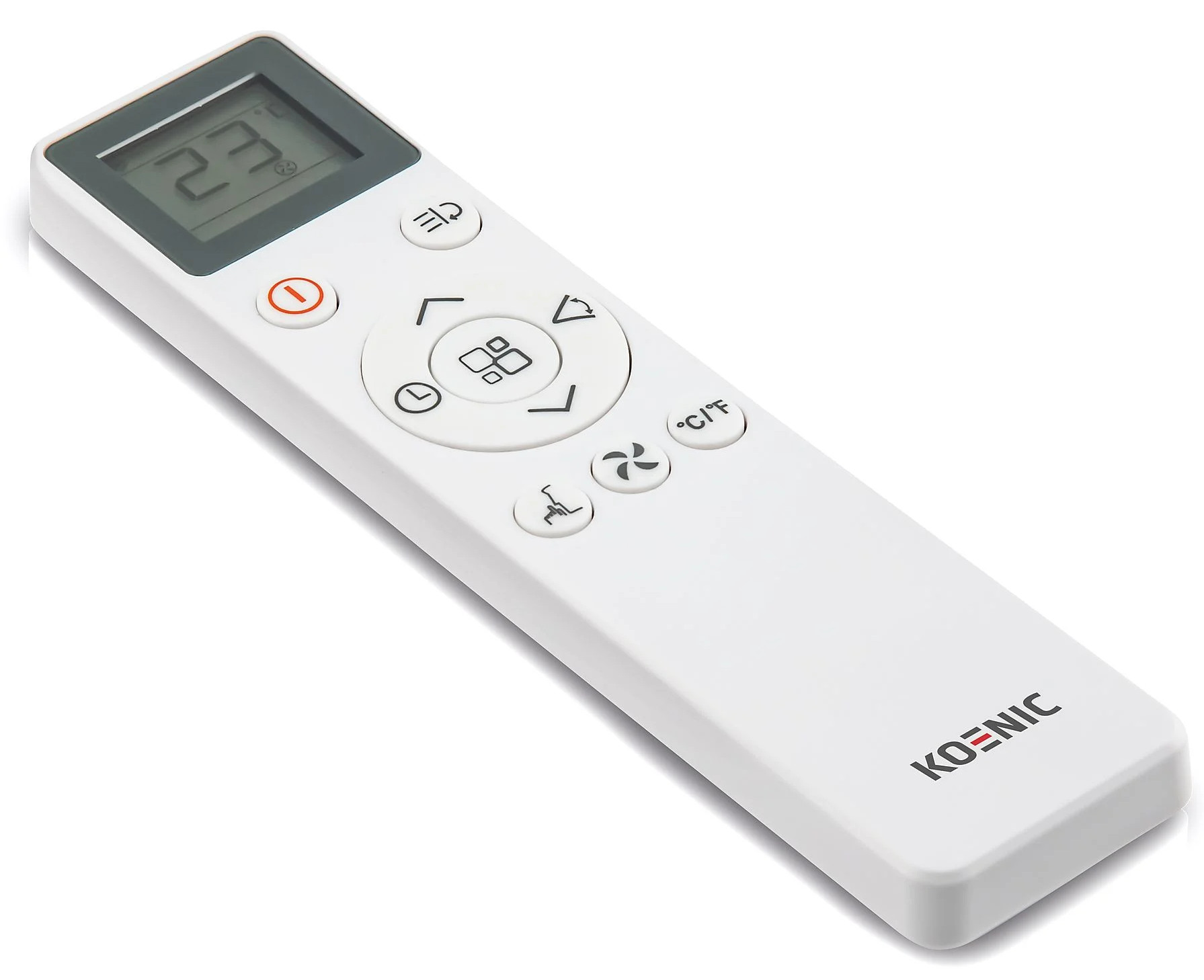 Biały pilot z ekranem LCD, przyciskami i logo KOENIC.
