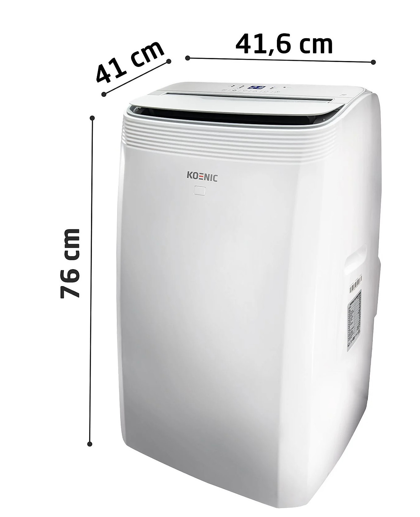 Biała przenośna klimatyzacja o wymiarach 76x41x41,6 cm.