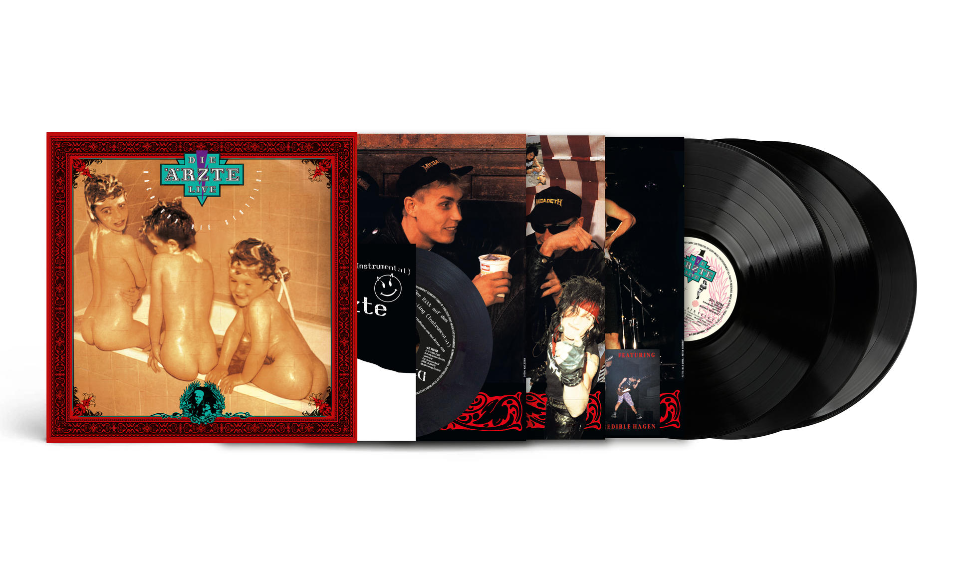Drei Vinyl-Schallplatten und Albumcover mit Kindern in einer Badewanne und Musikern.