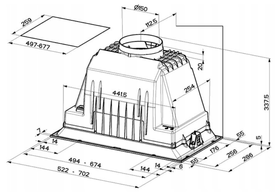 Rysunek techniczny okapu kuchennego z wymiarami.