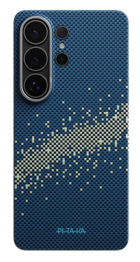 Niebieskie etui na telefon z pikselowym wzorem i układem aparatu.