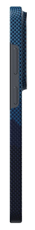 Smartfon z niebieskim wzorem włókna węglowego i dwoma przyciskami bocznymi.