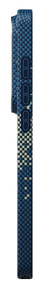 Niebieski telefon w kratkę z przyciskami po bokach.