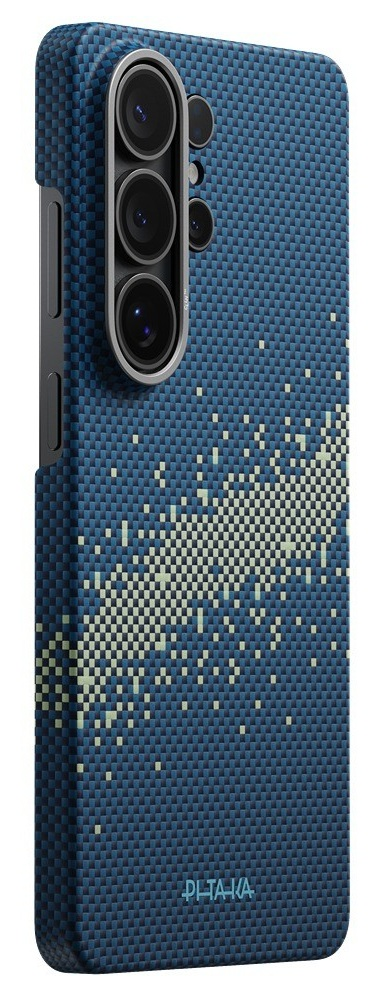 Granatowe etui na telefon z pikselowym wzorem i aparatem.