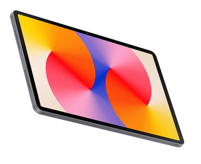 Szary tablet z kolorową, wirującą grafiką.