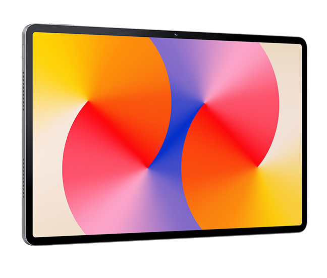 Srebrny tablet z kolorowym, promienistym tłem.