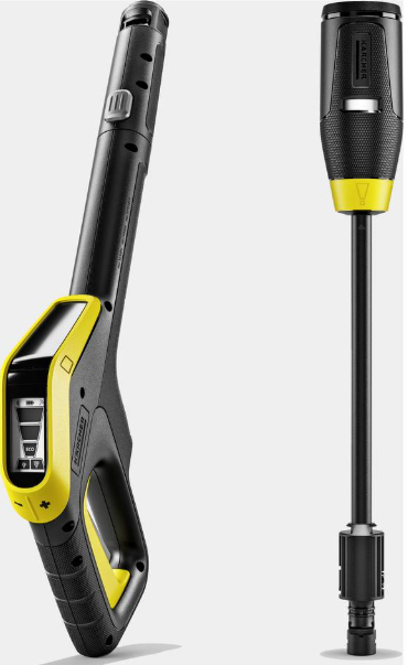 Czarny uchwyt myjki ciśnieniowej z żółtymi akcentami i ekranem, obok rury.