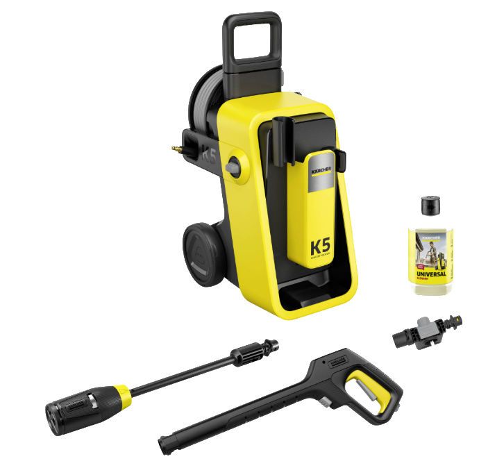 Żółta myjka ciśnieniowa z uchwytem, wężem, pistoletem, butelką i akcesoriami.