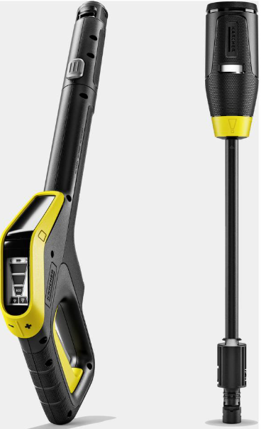 Czarny pistolet do myjki ciśnieniowej z żółtymi akcentami i ekranem.