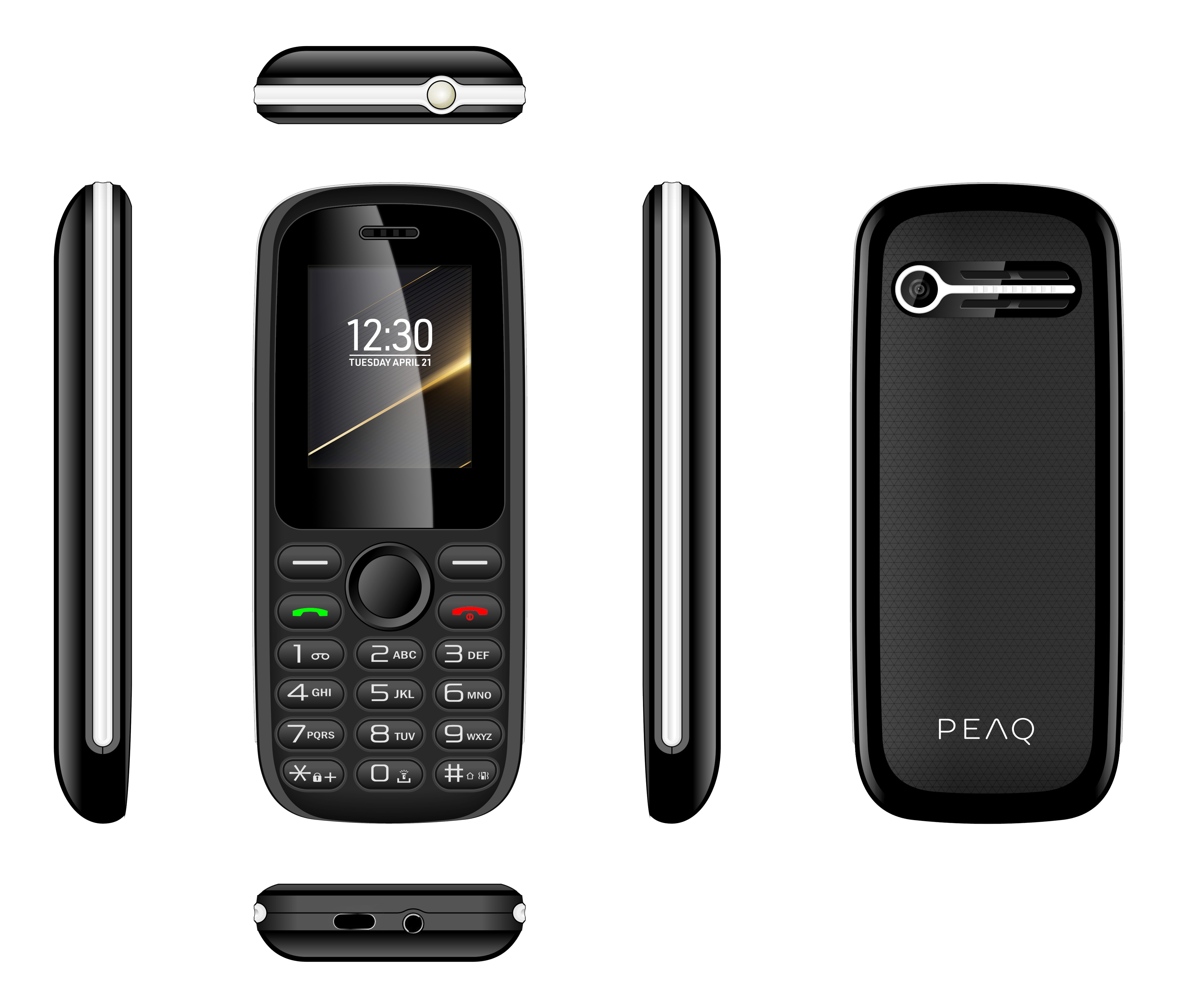 Telefono cellulare nero con tastiera e fotocamera, mostra le 12:30.