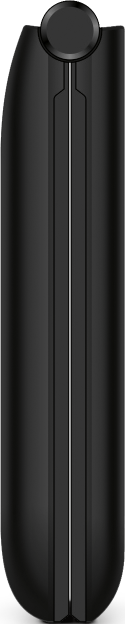 Ein schwarzes, geschlossenes Klapptelefon mit silbernem Knopf oben.