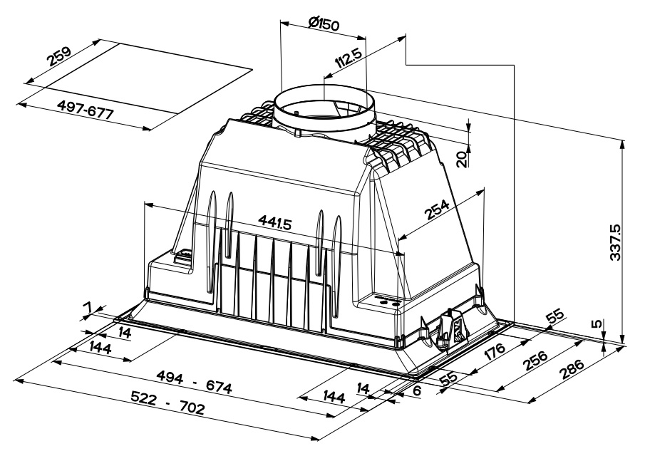 Rysunek techniczny okapu kuchennego z wymiarami.