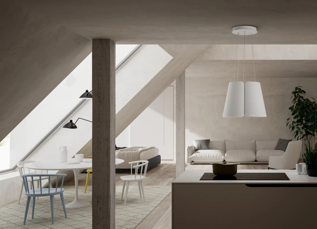 Otwarta przestrzeń dzienna z kuchnią, jadalnią i salonem. Jasne kolory, nowoczesne meble.