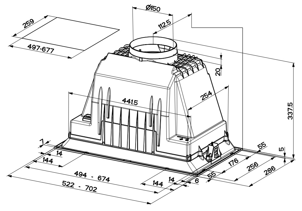 Rysunek techniczny okapu kuchennego z wymiarami i detalami.